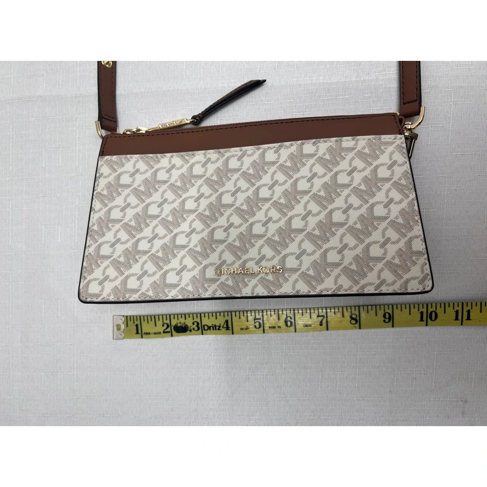 Michael Kors Crossbody Bag Women Small Brown Excellent Logo Print Gold Hardware